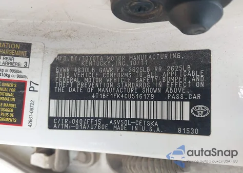 2012 Toyota Camry Se from USA, damaged, VIN 4T1BF1FK4CU516179
